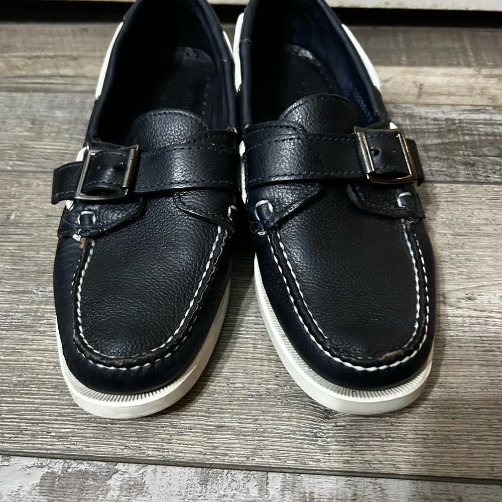 Ronnie Fieg x Sebago Leather docksiders Boat Shoes navy & grey Buckle